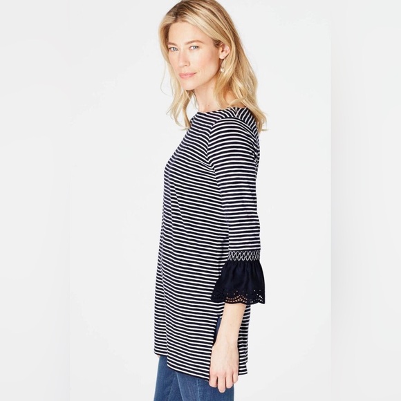 J.Jill Stylish Mixed-Media Smocked-Sleeve Tunic navy and white size large women - Picture 2 of 14